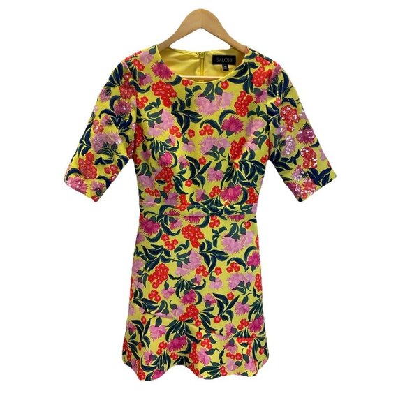 SALONI Celia Yellow Embroidered sequin half Sleeve Dress Size 4 cocktail party - Picture 3 of 15